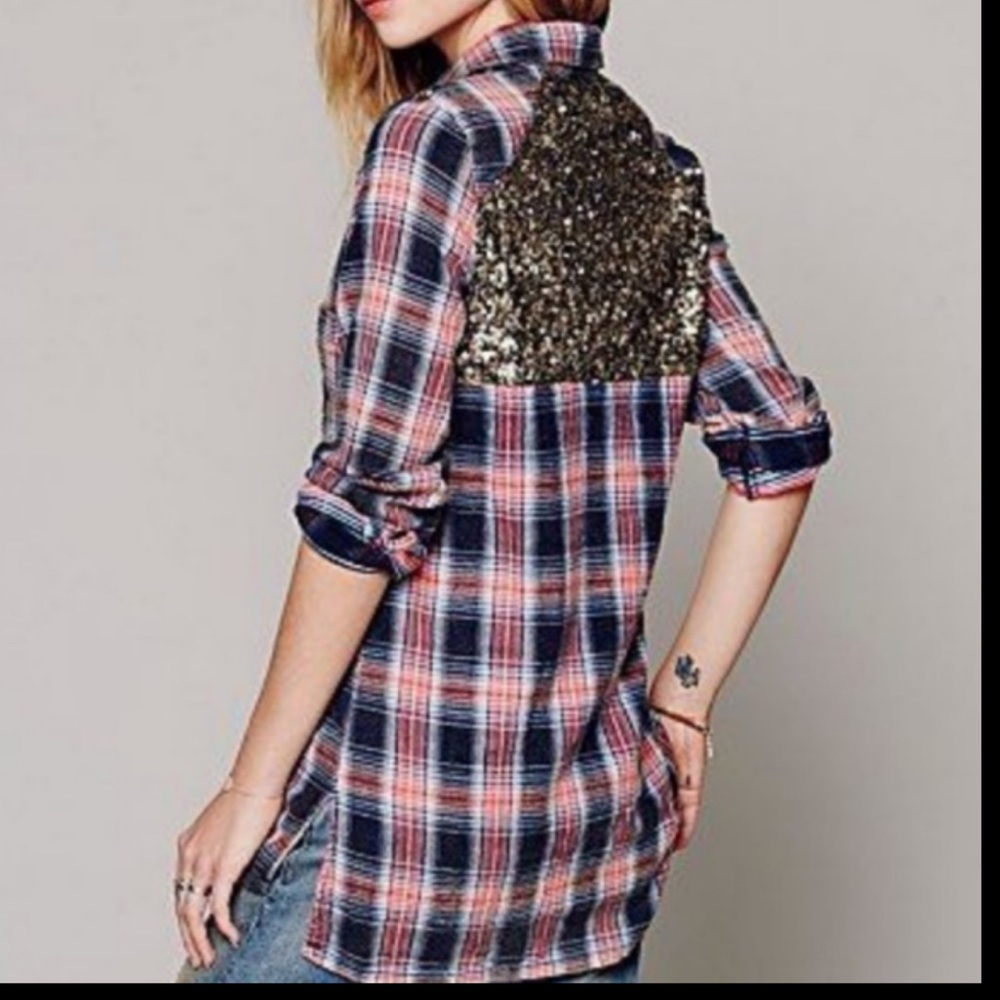 Free People Plaid Sequin Flannel Button Down Top M